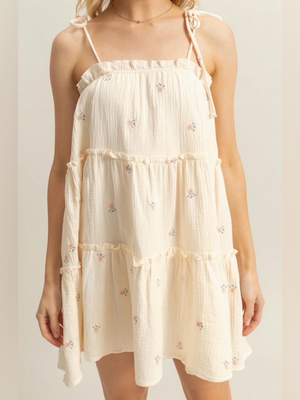 Talulah Floral Embroidered Tie Strap Cotton Gauze Tiered Mini Babydoll Dress